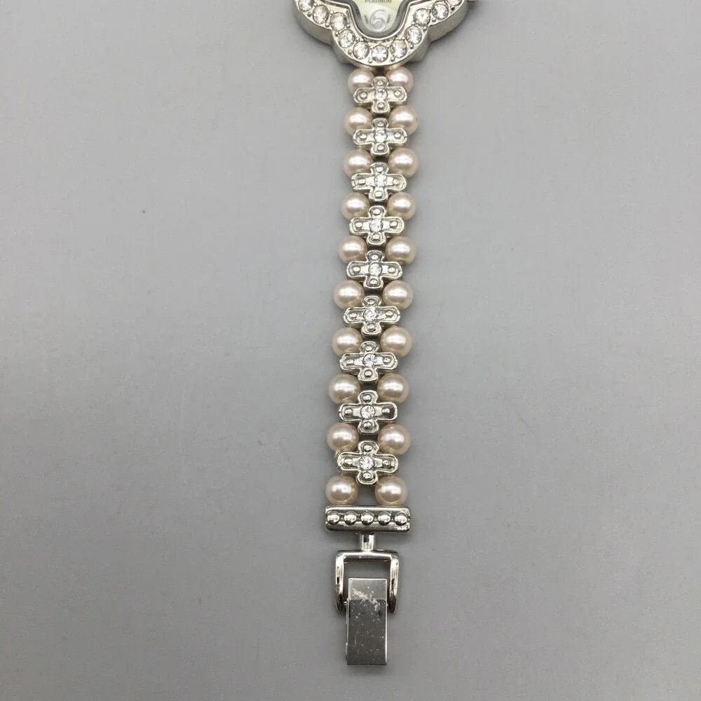 Geneva Platinum Womens Watch 27mm MOP Dial Faux Pearl Crystals New Battery 7.5